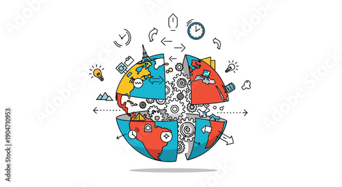 Global Business Mechanism Illustration. Earth Globe Split with Gears, symbolizing interconnected workflow, innovation, and worldwide processes.