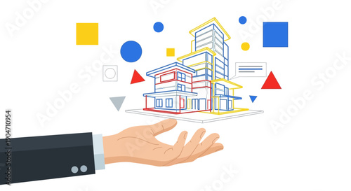Architectural Building Concept in Hand: Wireframe Design, Real Estate Development, and Abstract Geometric Planning Illustration