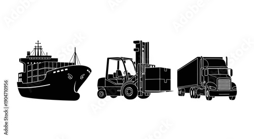 Cargo ship, forklift, and truck for logistics and transportation