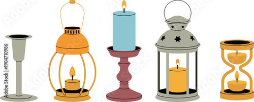 Decorative candle lanterns holders vintage illustration set isolated on white background for home decor spiritual festival lighting design concept collection