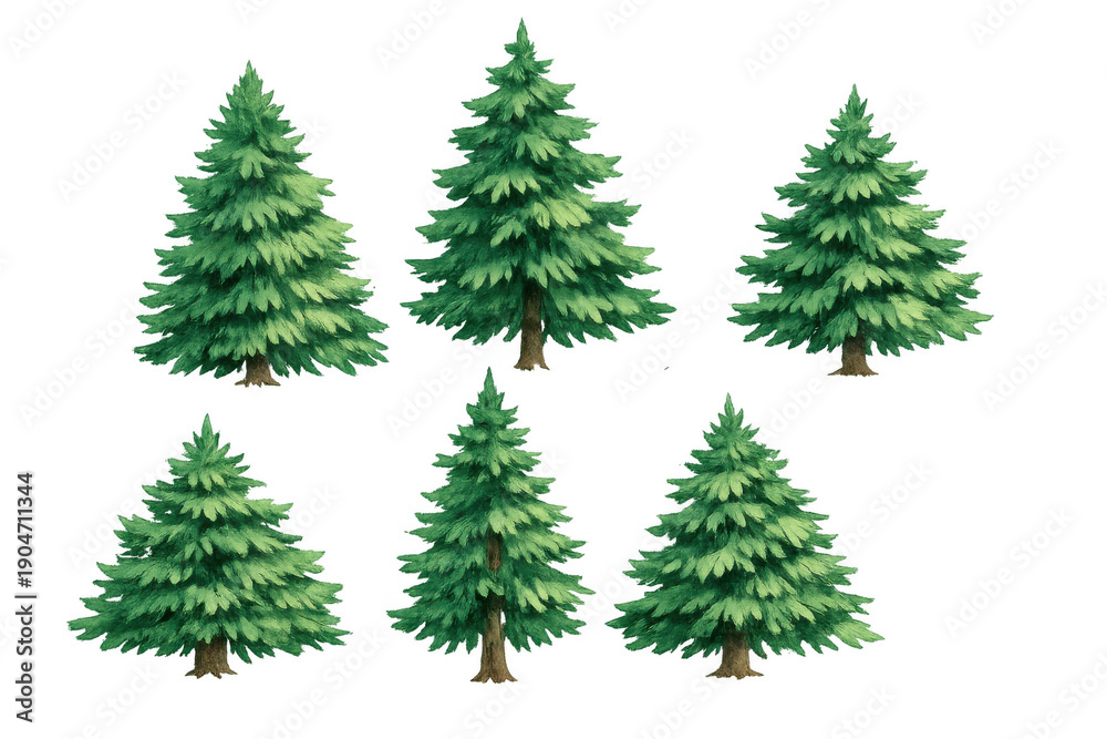 Fototapeta premium Collection of green pine trees with natural texture on a transparent background, depicting a forest or nature element