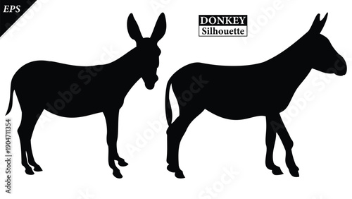 set of Silhouette of Donkey Animal Isolated on White Background, silhouette of a donkey on white, Simple donkey silhouette vector flat illustration, different poses, rural life, hard work, livestock,