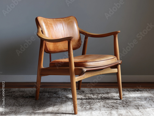 Simple Mid-Century Modern Wood and Leather Armchair