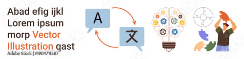Translation services, creativity, productivity tools, problem-solving, technology, teamwork. Speech bubbles with language symbols, lightbulb with gears puzzle-solving elements. Translation services