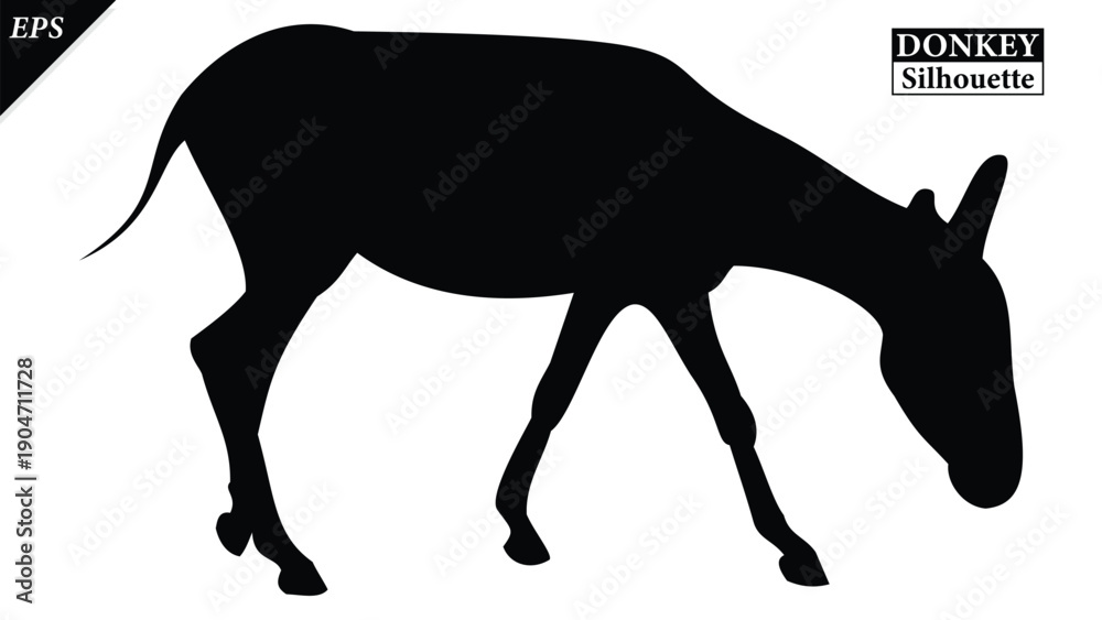 Fototapeta premium Silhouette of Donkey Animal Isolated on White Background, silhouette of a donkey on white, Simple donkey silhouette vector flat illustration design, different poses, rural life, hard work, livestock,