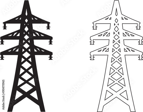 electric power transmission towers in black and white icon vector set.
