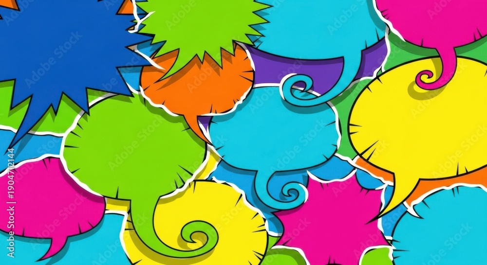 Naklejka premium Comic book speech bubbles background, colorful pop art dialogue clouds, vibrant cartoon communication balloons for social media and advertising isolated PNG with Transparent Background