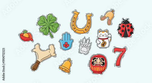 Collection of Japanese Lucky Charms and Symbols.