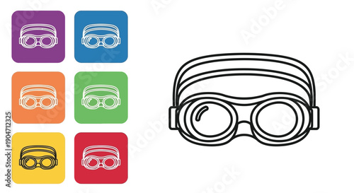 Simple outline icon set representing swimming goggles used for water sports and aquatic activities
