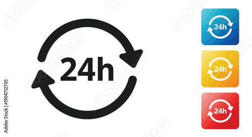 Black twenty four hour service icon displays continuous support alongside colorful variant buttons