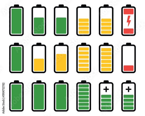Set of battery life cycle icons showing different stages from empty to full including charging symbols and percentage levels for digital interfaces