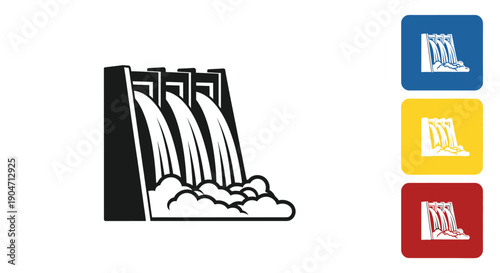 Simple black and white stylized icon illustrating powerful water flow over a large hydroelectric dam structure