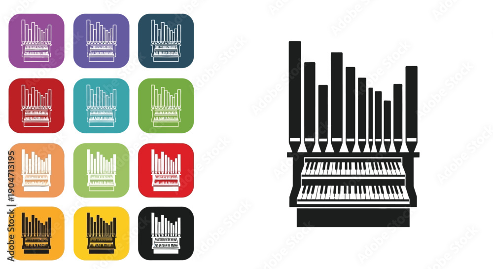 Fototapeta premium Black and white silhouette icon representing a classical church pipe organ with multiple keyboards displayed