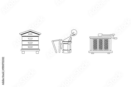 A collection of three white minimalist icons on a black background featuring essential beekeeping tools such as a wooden beehive, a functional bee smoker, and a honey extractor machine.