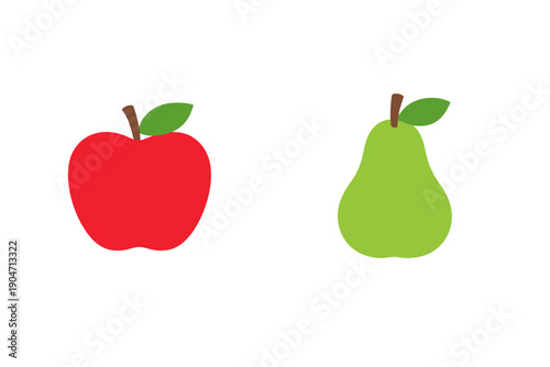Minimalist vector illustration featuring a bright red apple and a light green pear. Both fruits are shown with a brown stem and a green leaf against a plain black background.