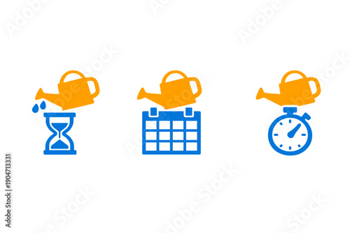 Three icons featuring an orange watering can combined with a blue hourglass, calendar, and stopwatch on a black background, representing time management and growth concepts.