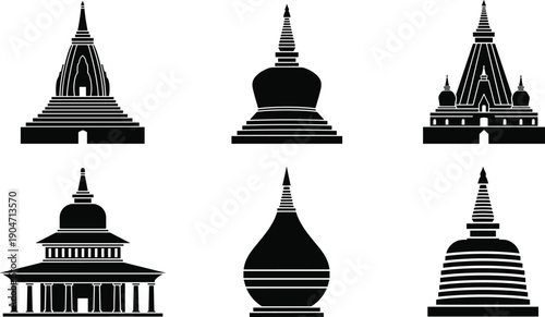 Set of Buddhist Stupa and Temple Silhouettes, Sacred Pagoda Architecture Icons Collection Isolated on White Background for Asian Religion, Culture, Travel Design