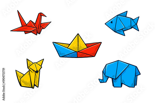 A collection of colorful origami figures including a red crane, blue fish, yellow fox, blue elephant, and a multicolored boat, all illustrated with hand-drawn details on a black background.