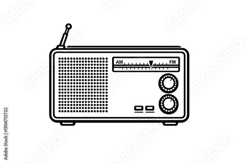 A black and white illustration of a vintage radio with an antenna, tuning dial, and two control knobs. The minimalist design features a speaker grille on a solid black background.