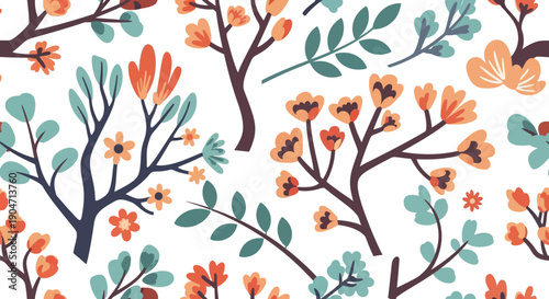 Colorful floral pattern with trees and flowers.