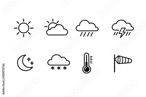 This set of eight black outline weather icons includes symbols for sunny, cloudy, rainy, stormy, night, snowy, temperature, and windy conditions on a white background.