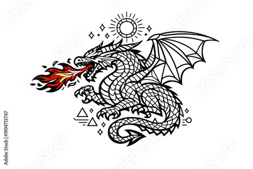 A stylized white line art dragon breathing red and orange fire against a black background, surrounded by celestial symbols and geometric shapes in a tribal or stained glass style.