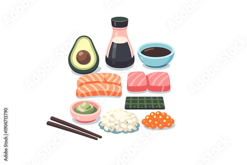 This vector illustration features sushi components like fresh salmon, tuna, avocado, rice, seaweed, wasabi, and soy sauce with chopsticks, all set against a solid black background.