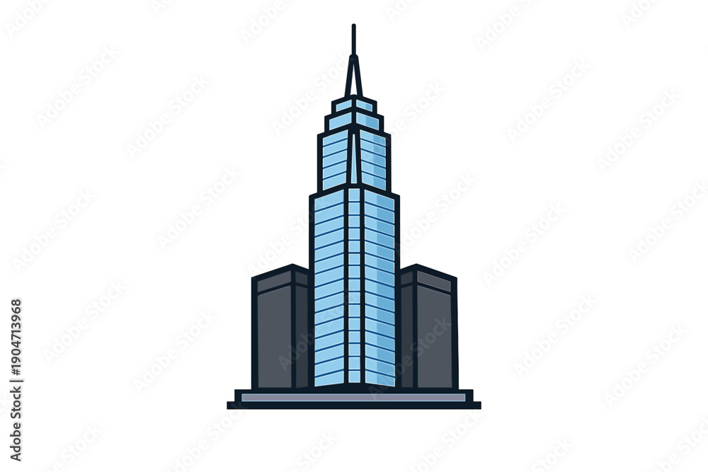 Obraz premium This flat vector graphic depicts a tall blue office building with a pointed spire and two shorter grey structures on either side, isolated on a dark black background.