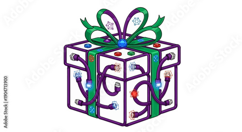 Technology Gift Box Illustration. Conceptual Digital Present Wrapped with Network Cables, Data Connectors, and Ribbon.