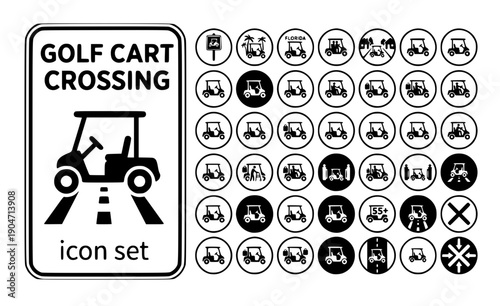 Golf Cart Crossing Street-Sign Florida-Retirement Community-Transport Neighborhood-Traffic Senior-Living Cart-Sign Vector Icon Set - Cart Crossing