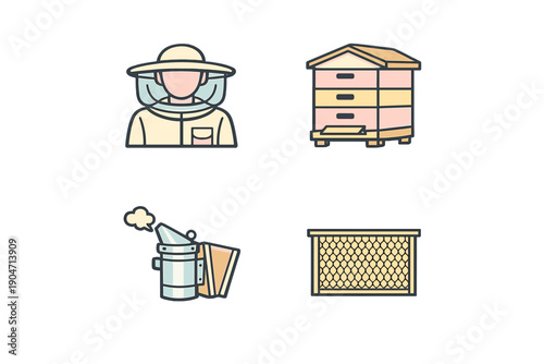 A set of four beekeeping icons featuring a beekeeper in protective gear, a wooden beehive, a metal bee smoker with a puff of smoke, and a rectangular honeycomb frame on a black background.