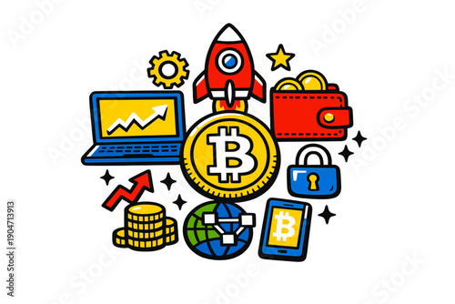 A colorful illustration featuring a central cryptocurrency coin surrounded by a rocket, digital wallet, laptop with growth chart, padlock, and network globe on a black background.
