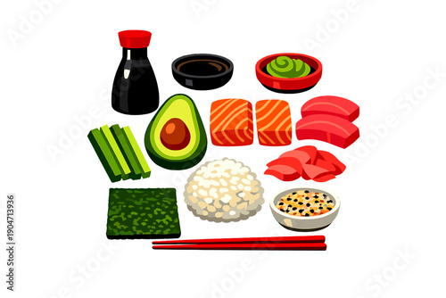 This illustration features various sushi components such as fresh fish slices, rice, seaweed, avocado, and cucumber alongside soy sauce, wasabi, and ginger on a dark backdrop.