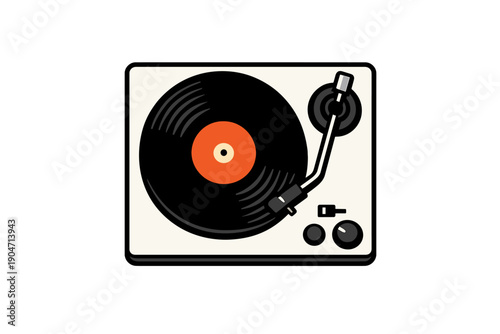 A minimalist graphic showing a top-down view of a turntable with a vinyl record. It features a white base, black platter, and an orange label in a clean, flat vector style.