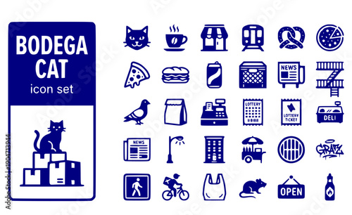 Bodega Cat Cardboard-Boxes NYC-Culture Corner-Store Urban-Pet City-Life Store-Cat Vector Icon Set - NYC Bodega