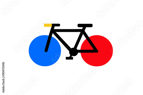 A minimalist graphic illustration of a bicycle featuring a blue front wheel and a red rear wheel on a black background. The design uses simple geometric shapes and bold primary colors.