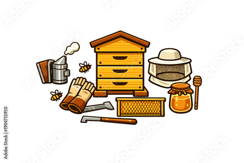 A cartoon illustration of beekeeping equipment including a wooden beehive, a smoker, protective gear, a jar of honey, and bees, all set against a solid black background.