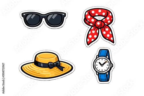 A collection of four fashion accessory stickers featuring black sunglasses, a red polka dot scarf, a yellow straw hat with a black bow, and a blue wristwatch on a black background.