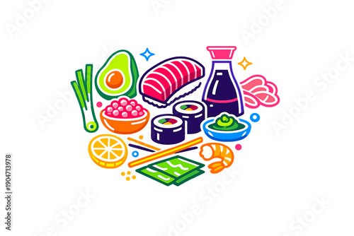 A vibrant vector illustration of various Japanese sushi items including nigiri, maki rolls, avocado, soy sauce, wasabi, and shrimp, set against a solid black background.