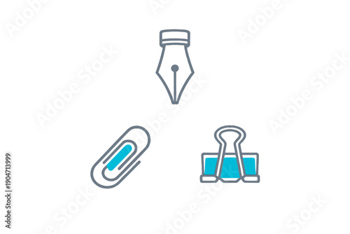 A collection of three minimalist office supply icons including a fountain pen nib, a paperclip, and a binder clip, featuring dark grey outlines and cyan accents on a black background.