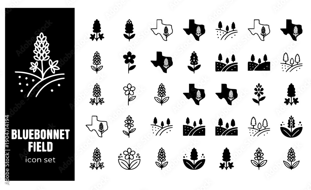 Obraz premium Bluebonnet Field Texas-Wildflower State-Flower Flower-Silhouette Spring-Blooms Bluebonnet-Landscape Texas-Nature Vector Icon Set - Texas Flowers