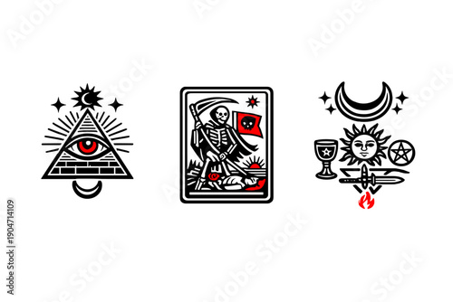 A set of three occult illustrations featuring an eye in a pyramid, the grim reaper with a scythe, and a collection of mystical symbols including a sun, moon, and pentagram.