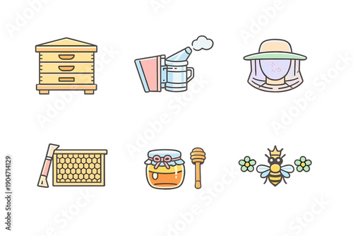 This set of six beekeeping illustrations features a wooden beehive, a smoker, a veiled hat, a honeycomb frame, a jar of honey with a dipper, and a queen bee flanked by flowers.