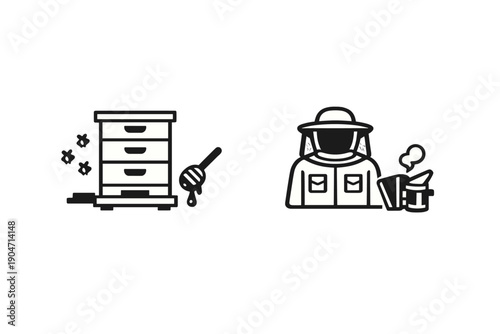 A black and white illustration featuring a multi-layered beehive with flying bees and a honey dipper next to a beekeeper wearing a protective suit and holding a smoker tool.