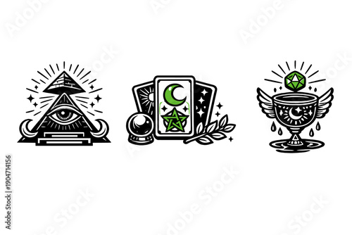 A set of three occult symbols including an eye in a triangle, tarot cards with a pentagram, and a winged cup with a green die, all presented as white line art on black.