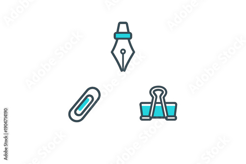 A set of three stylized office supply icons including a fountain pen nib, a paperclip, and a binder clip. The flat vector illustration features teal accents on a dark background.