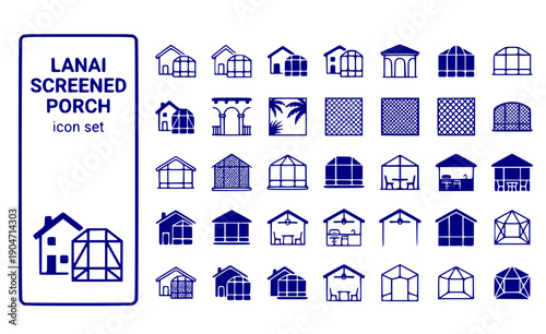 Lanai Screened Porch Screen-Cage Florida-Architecture Screened-Enclosure Patio-Cage Outdoor-Living House-Screen Vector Icon Set - Florida Lanai