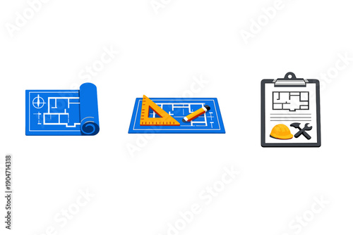 A set of three construction icons including a rolled blueprint, a floor plan with drawing tools, and a clipboard with safety gear and tools on a dark background.