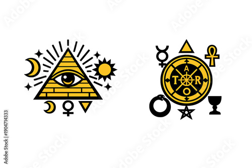 A collection of yellow occult and mystical symbols on a black background, including the eye of providence within a pyramid and a tarot wheel with an ankh and sun.