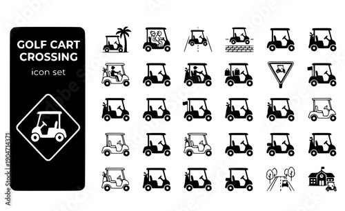 Golf Cart Crossing Street-Sign Florida-Retirement Community-Transport Neighborhood-Traffic Senior-Living Cart-Sign Vector Icon Set - Cart Crossing